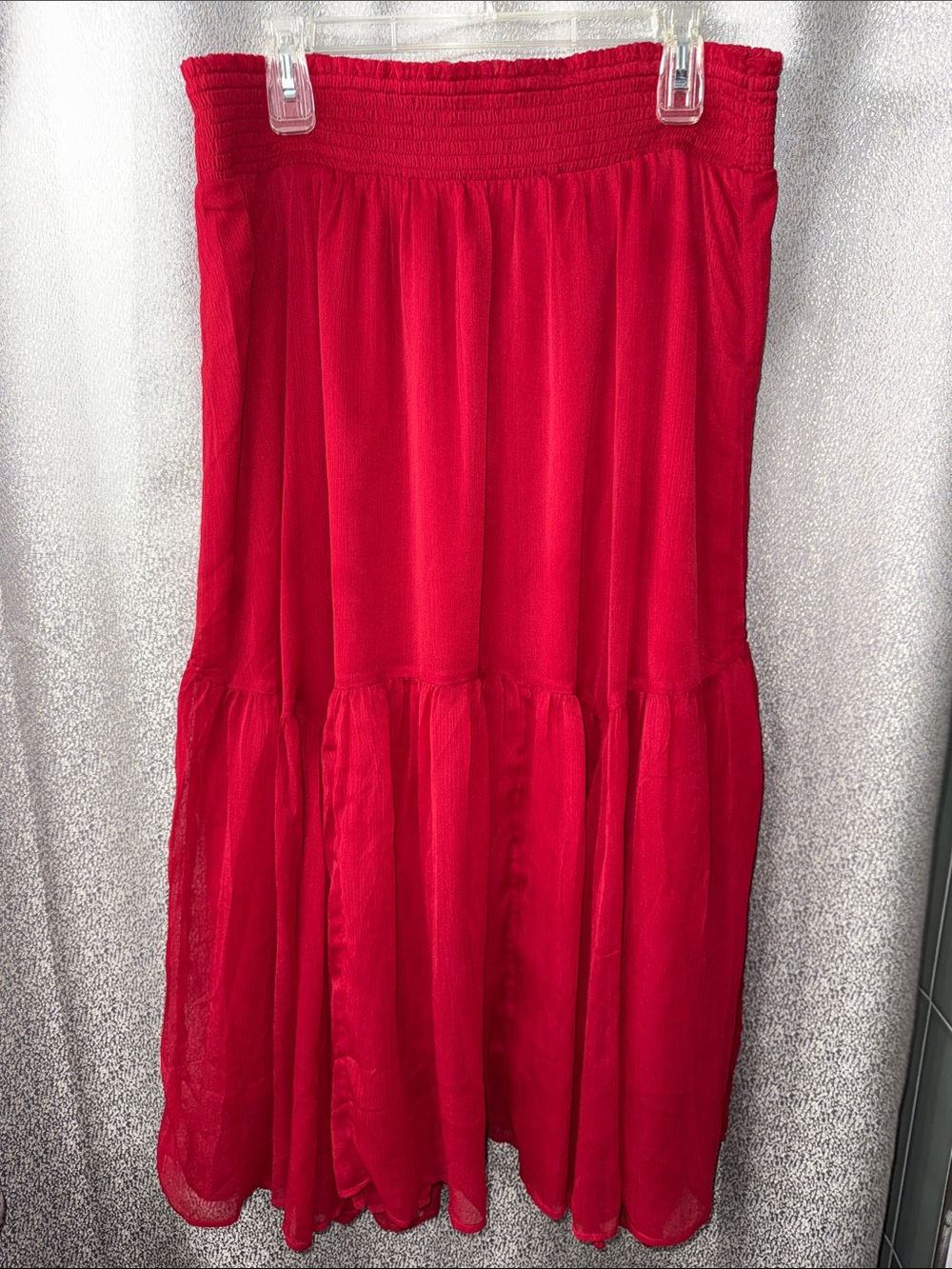 American Eagle Outfitters Red Pleated Midi Skirt with Smocked Waist